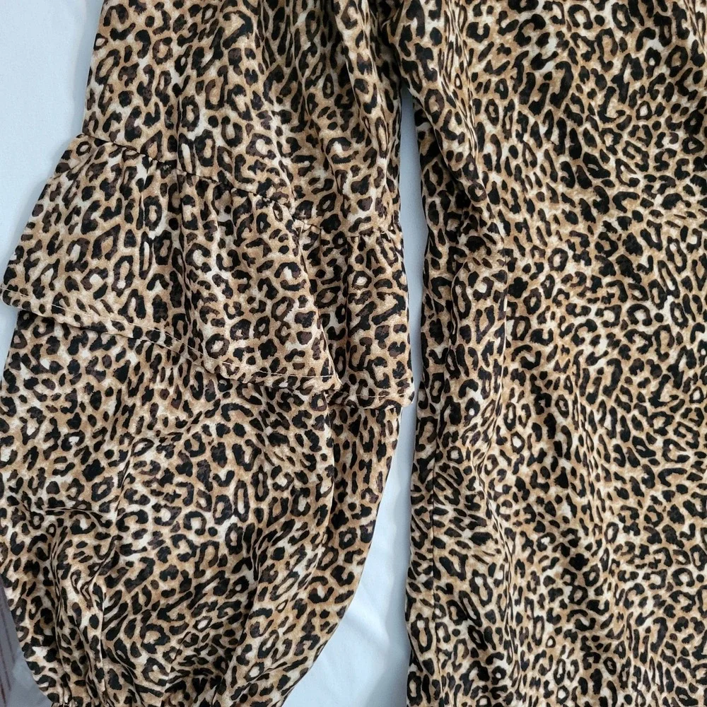 Leopard Animal Print Dress Womens Large Brown Ruffle Tiered‎ Sleeve 90s Mob Wife